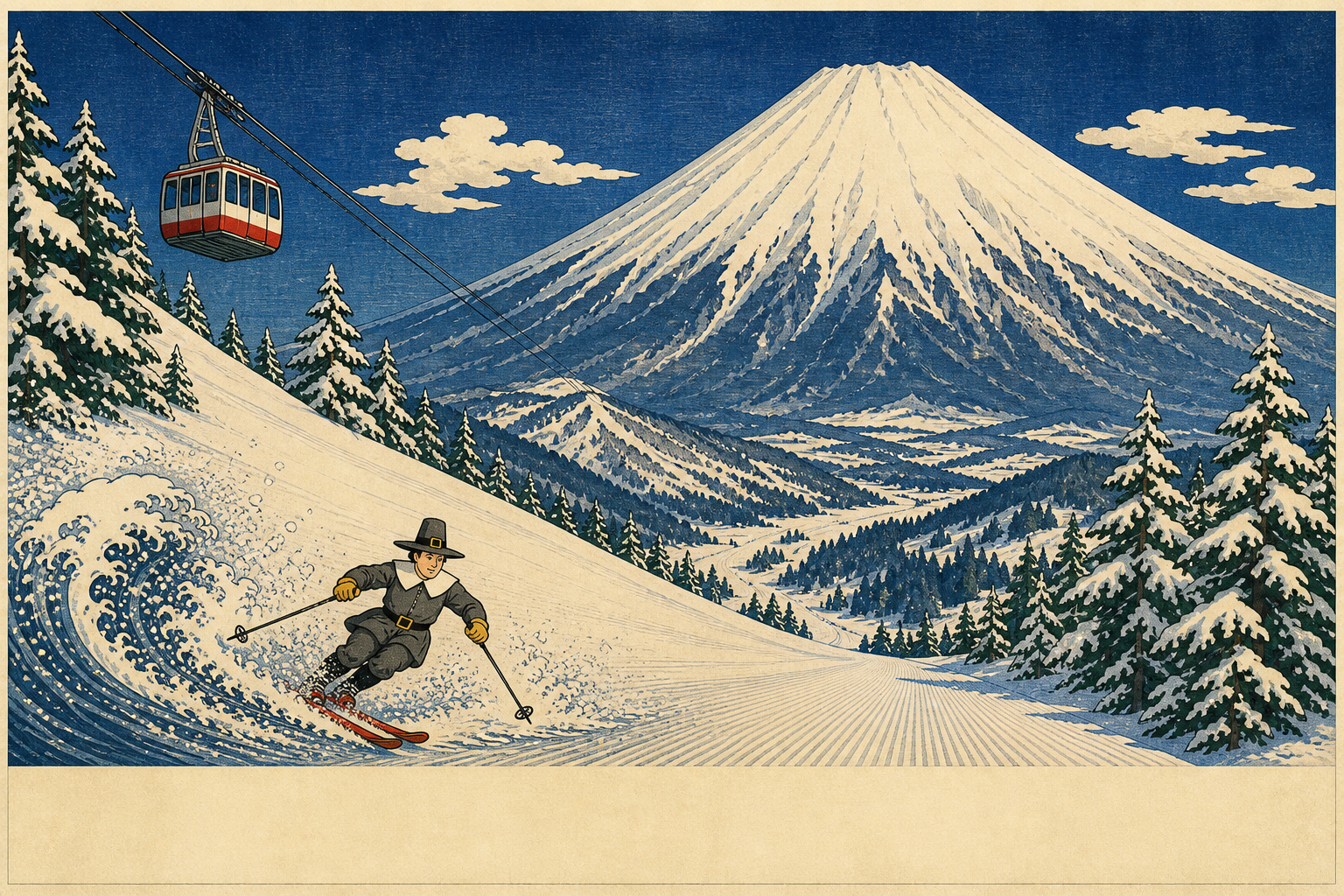 Vintage ski poster of a pilgrim on the slopes of Niseko, mountain and vermillion tram after Hokusai